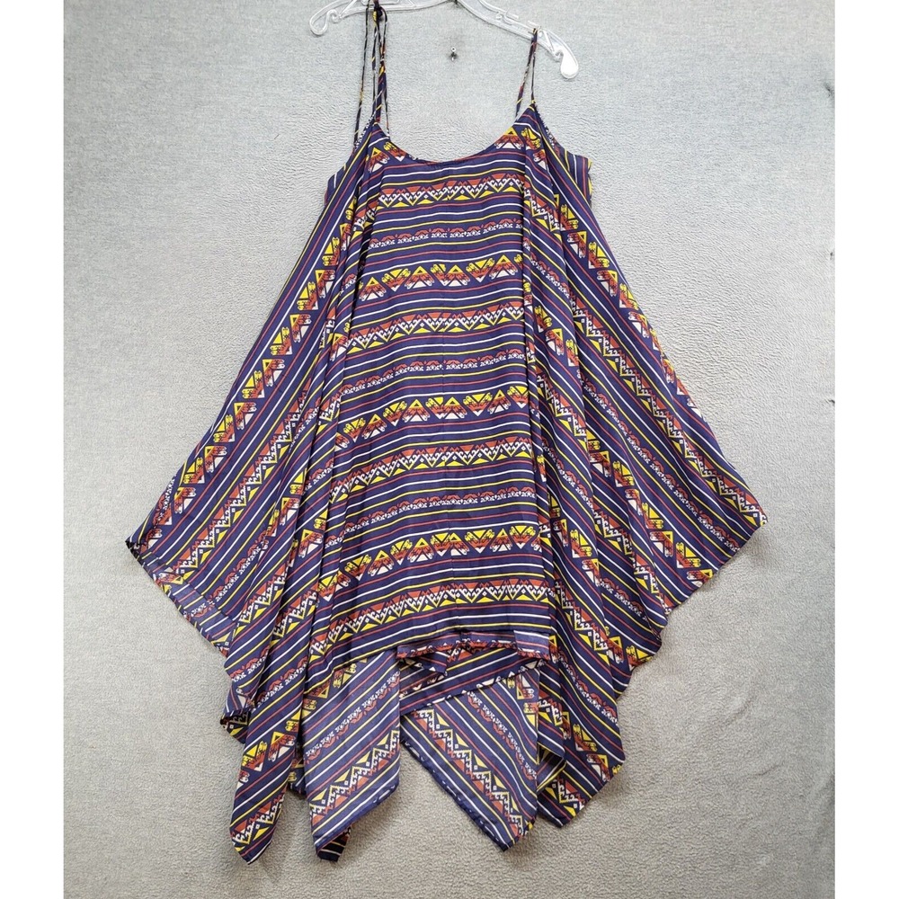 Volcom Womens Dress L Multi Boho Handkerchief Hem Spaghetti‎ Rayon Sleeveless